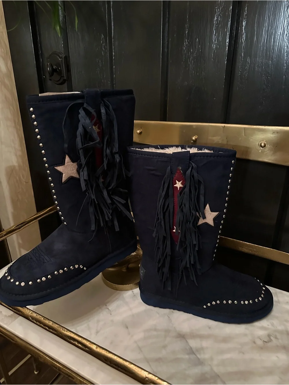 MONTANA WEST Suede Leather Western slide fur Boots Rodeo studded fringe Navy 7